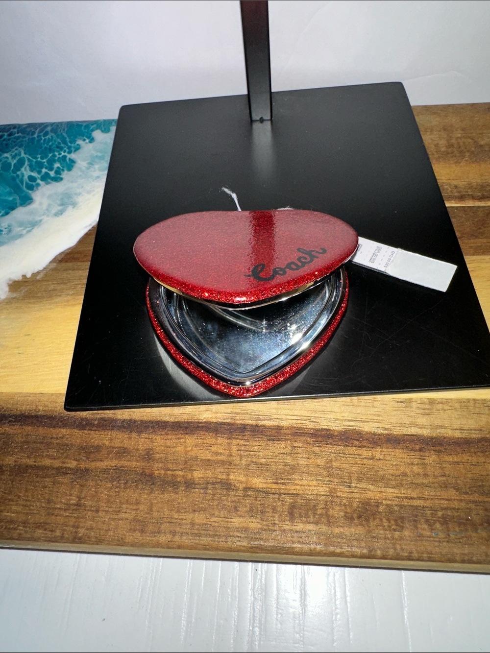 Coach Red Glitter Heart Shape Mirror with Metallic Interior